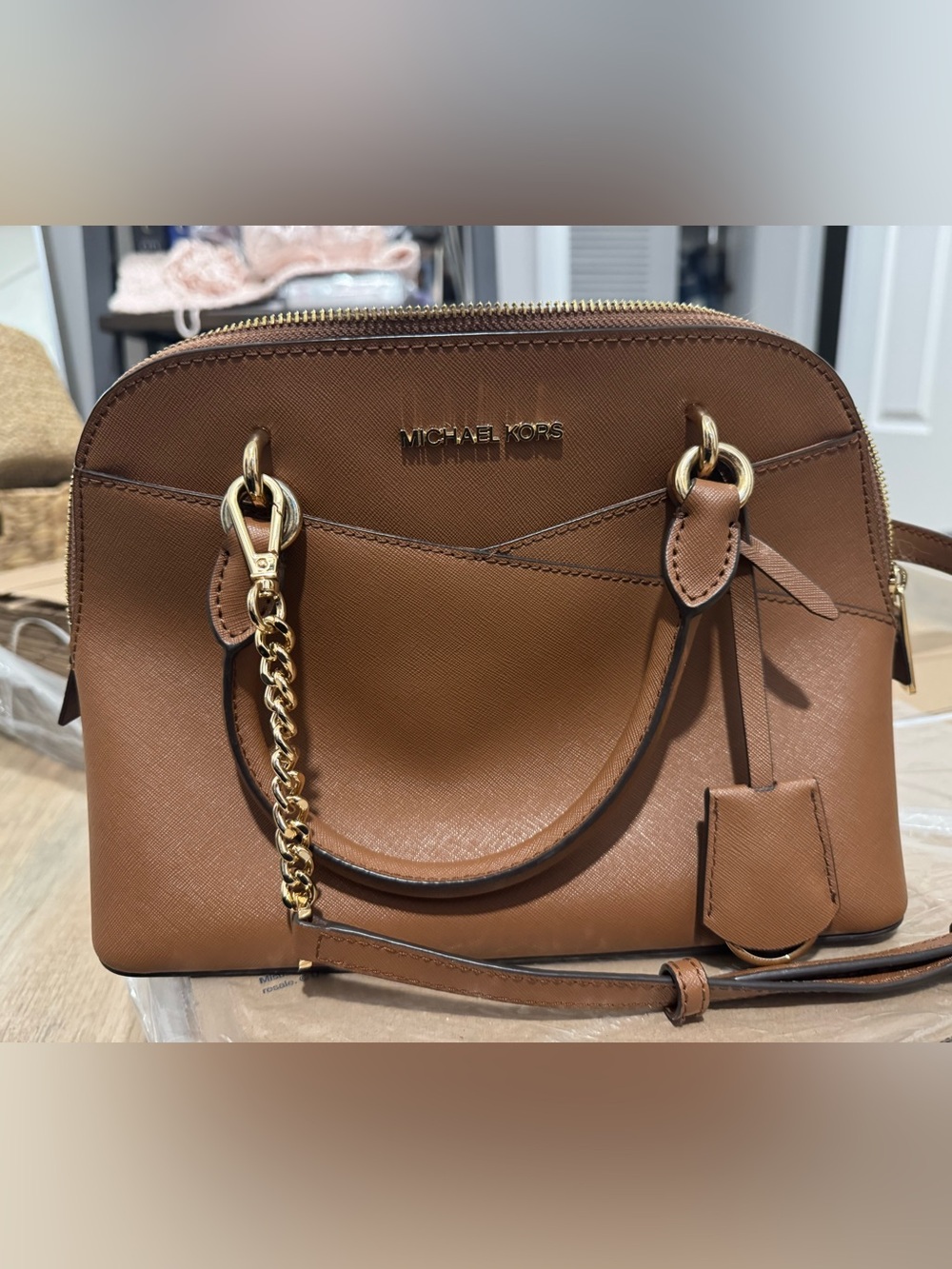 Michael Kors Tan Saffiano Leather Dome Satchel with Gold Hardware